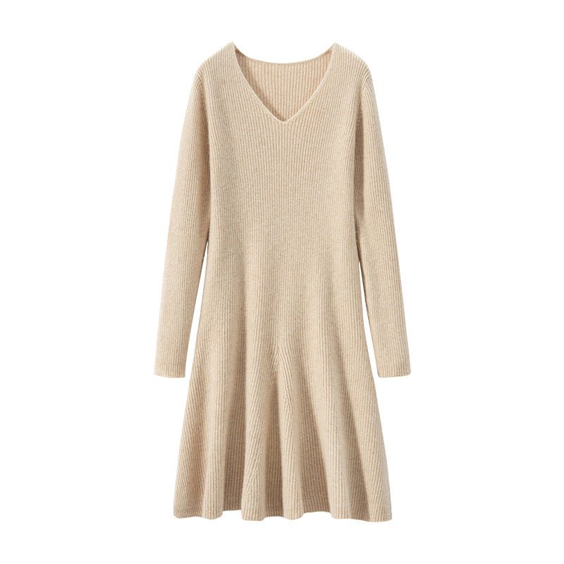 Womens V Neck Ribbed Cashmere Sweater Dress A Line Cashmere Knit Dress