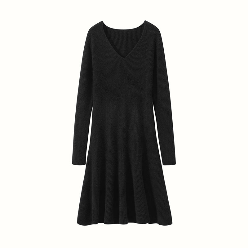 Womens V Neck Ribbed Cashmere Sweater Dress A Line Cashmere Knit Dress