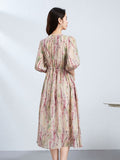 Womens V Neck Silk Floral Dress Half Sleeve Silk Midi Dress
