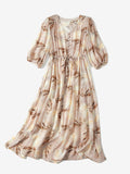 Womens V Neck Silk Floral Dress Half Sleeve Silk Midi Dress