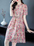 Womens Vintage Inspired Silk Floral Midi Dress Pink Silk Dress