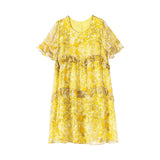 Womens Yellow Ruffled Silk Dress Watercolor Floral Short Silk Dress
