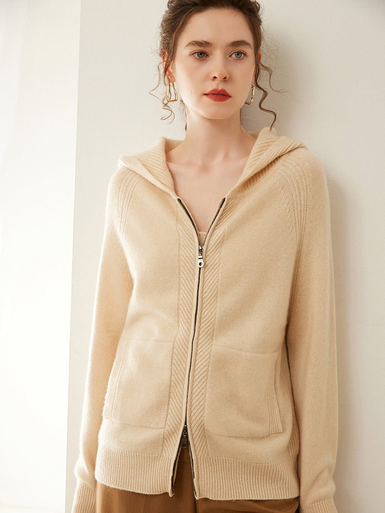 Womens Zip Up Cashmere Hoodie Cashmere Cardigan Long Sleeve Knit Sweater Beige XS