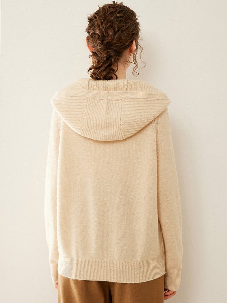Womens Zip Up Cashmere Hoodie Cashmere Cardigan Long Sleeve Knit Sweater Beige XS