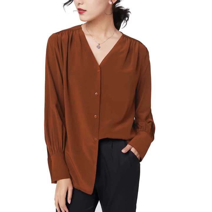 Elegant Silk Blouse For Women Long Sleeves V Neck Silk Shirt