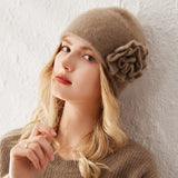 100% Cashmere Beanie with Handmade Crochet Flower for Women Elegant Cashmere Hats