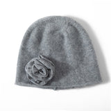 100% Cashmere Beanie with Handmade Crochet Flower for Women Elegant Cashmere Hats