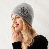 100% Cashmere Beanie with Handmade Crochet Flower for Women Elegant Cashmere Hats