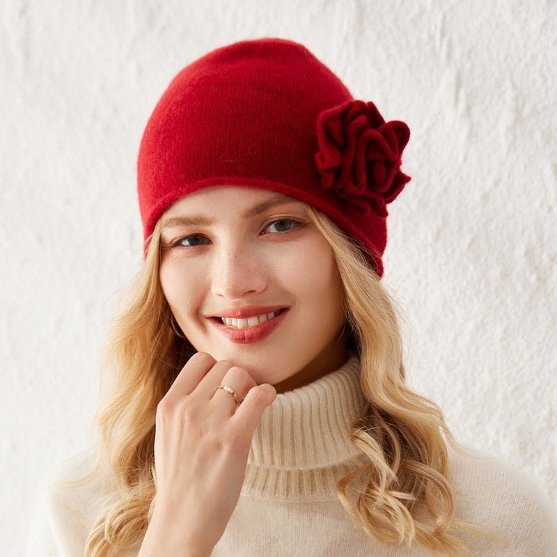 100% Cashmere Beanie with Handmade Crochet Flower for Women Elegant Cashmere Hats