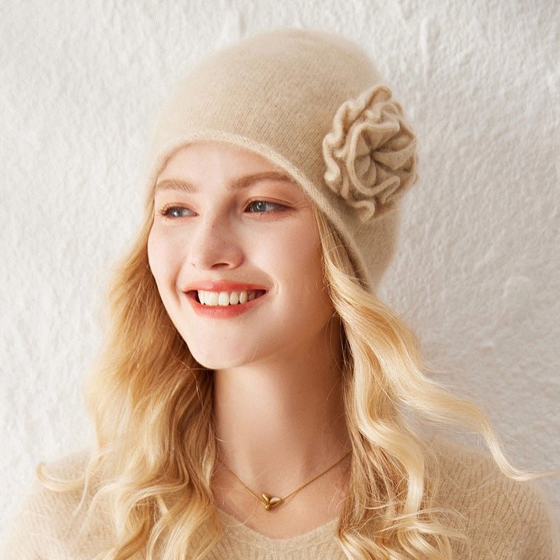 100% Cashmere Beanie with Handmade Crochet Flower for Women Elegant Cashmere Hats