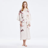 Women's Long Lotus Prints 100% Mulberry Silk Kimono Robe