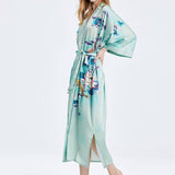 Women's Long Lotus Prints 100% Mulberry Silk Kimono Robe