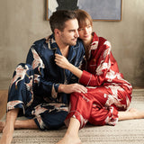 Luxury Printed Silk Pajamas Set For Couple Long Sleeves Sleepwear Silk Matching  Pajamas
