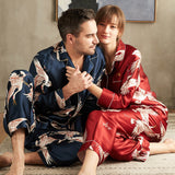 Luxury Printed Silk Pajamas Set For Couple Long Sleeves Sleepwear Silk Matching  Pajamas