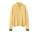 Womens Cable Knit Quarter-Zip Pure Cashmere Sweater Contrast Striped Cashmere Pullover