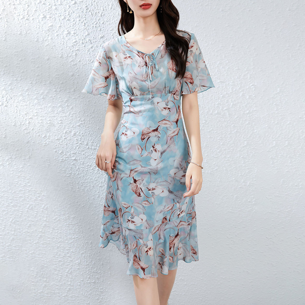Womens Tie Neck Silk Floral Dress Silk Midi Dress with Flutter Sleeves