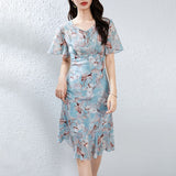 Womens Tie Neck Silk Floral Dress Silk Midi Dress with Flutter Sleeves