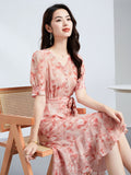 Womens Watercolor Print Silk Dress Ruffle Hem V Neck Silk Midi Dress with Waist Tie