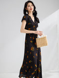 Womens Floral Print Silk Midi Dress V Neck Lace Trim A Line Silk Dress