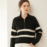 Womens Striped Cashmere Sweater Polo Collar Half-Zip Cashmere Pullover