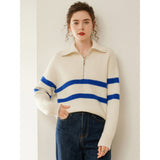 Womens Striped Cashmere Sweater Polo Collar Half-Zip Cashmere Pullover