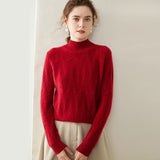 Womens Cable Knit Cashmere Sweater Mock Neck Cashmere Pullover Ribbed Trim