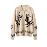 Womens Jacquard Pure Cashmere Cardigan Zip-Up Cardigan Sweater