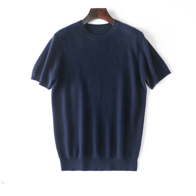 Mens Short Sleeve Pure Cashmere Sweater Crew Neck Textured Knit Tops