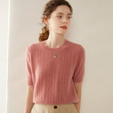 Womens Crew Neck Cashmere Sweater Short Sleeve Textured Cashmere Knit Top