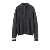 Womens Cable Knit Quarter-Zip Pure Cashmere Sweater Contrast Striped Cashmere Pullover