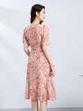 Womens Watercolor Print Silk Dress Ruffle Hem V Neck Silk Midi Dress with Waist Tie
