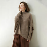 Womens Cashmere Poncho Sweater with Sleeves Ribbed Mock Neck Cashmere Cloak
