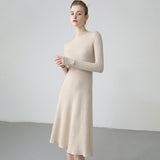 Womens Ribbed Cashmere Midi Dress Mock Neck Cashmere Sweater Dress Fitted Cashmere Dress
