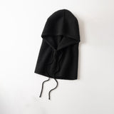 Cashmere Hooded Scarf Ribbed Knit Cashmere Balaclava with Drawstrings