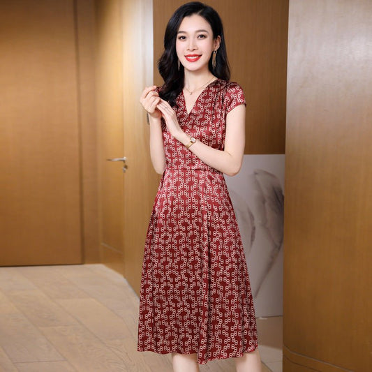 A Line red silk dress printed silk dress floral silk dress silk midi dress for summer silk dresses - slipintosoft