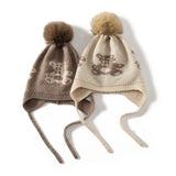 Kids Cashmere Knit Earflap Hat with Pom and Teddy Bear Cashmere Beanie