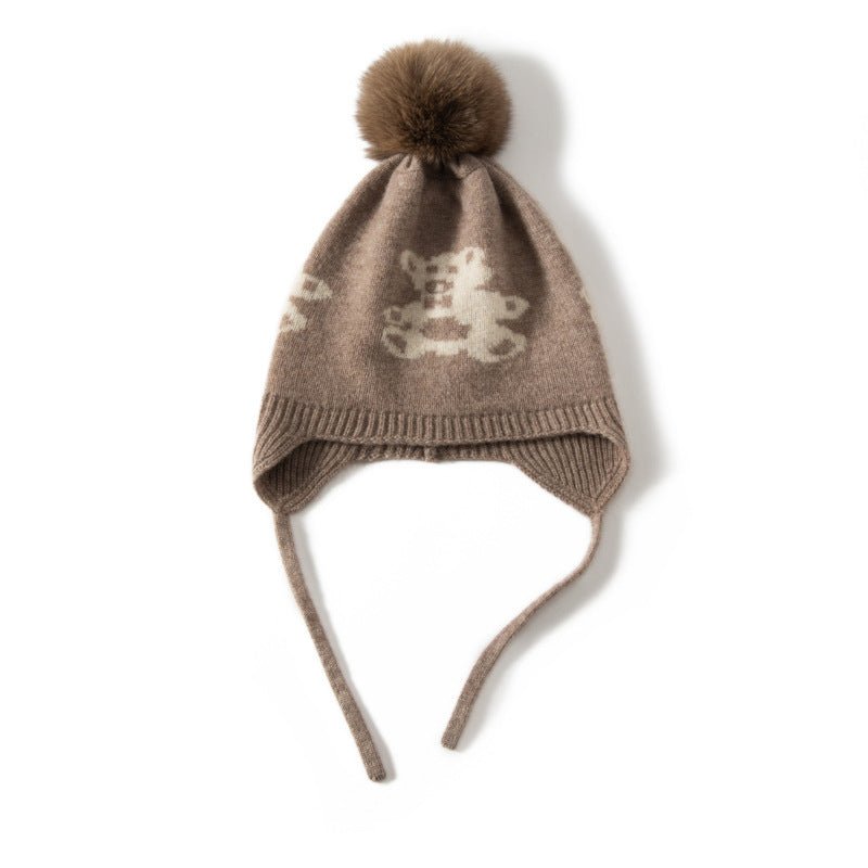 Kids Cashmere Knit Earflap Hat with Pom and Teddy Bear Cashmere Beanie