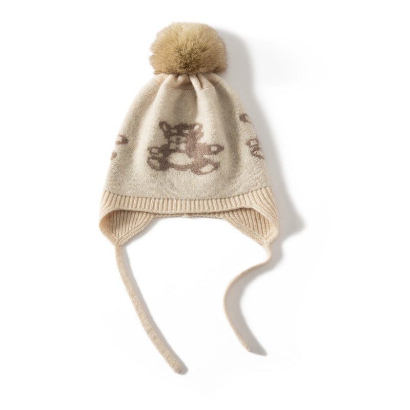 Kids Cashmere Knit Earflap Hat with Pom and Teddy Bear Cashmere Beanie