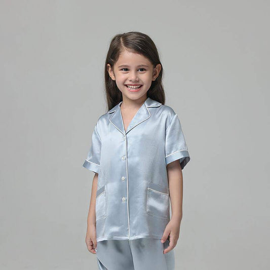 19 Momme Girls Short Silk Pajamas Set Children's Fashion Home Wear White Trimming -  slipintosoft