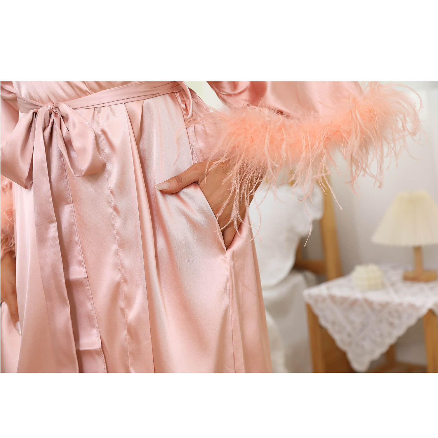 Silk Kimono Robe with Ostrich Feather Trim Long Silk Wedding Bridesmaid Robe - slipintosoft