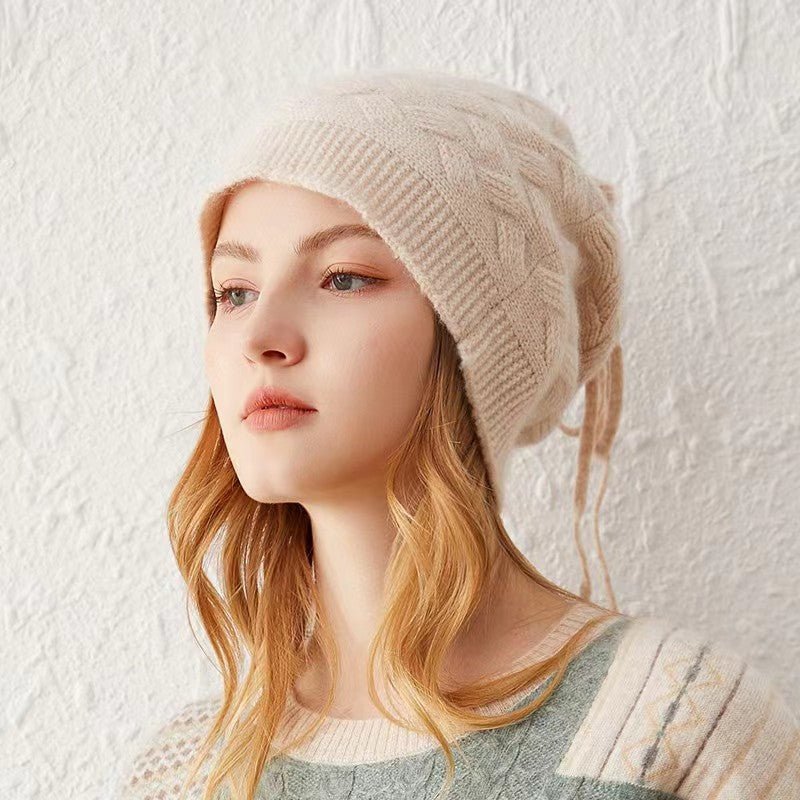 Cashmere Beanie Ribbed Edge with Drawstring Women Thick Cashmere Hats Solid Colors