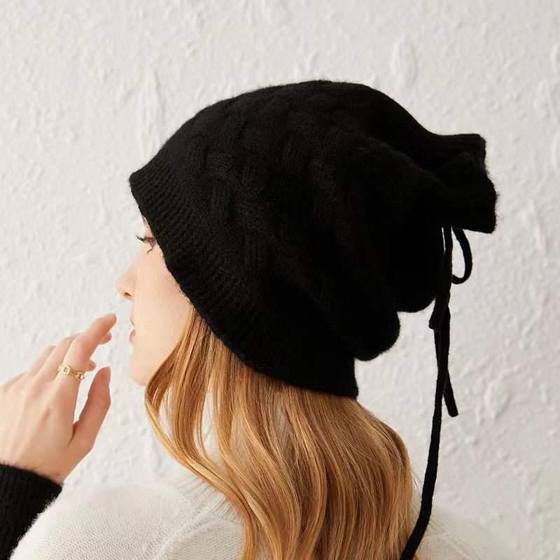 Cashmere Beanie Ribbed Edge with Drawstring Women Thick Cashmere Hats Solid Colors