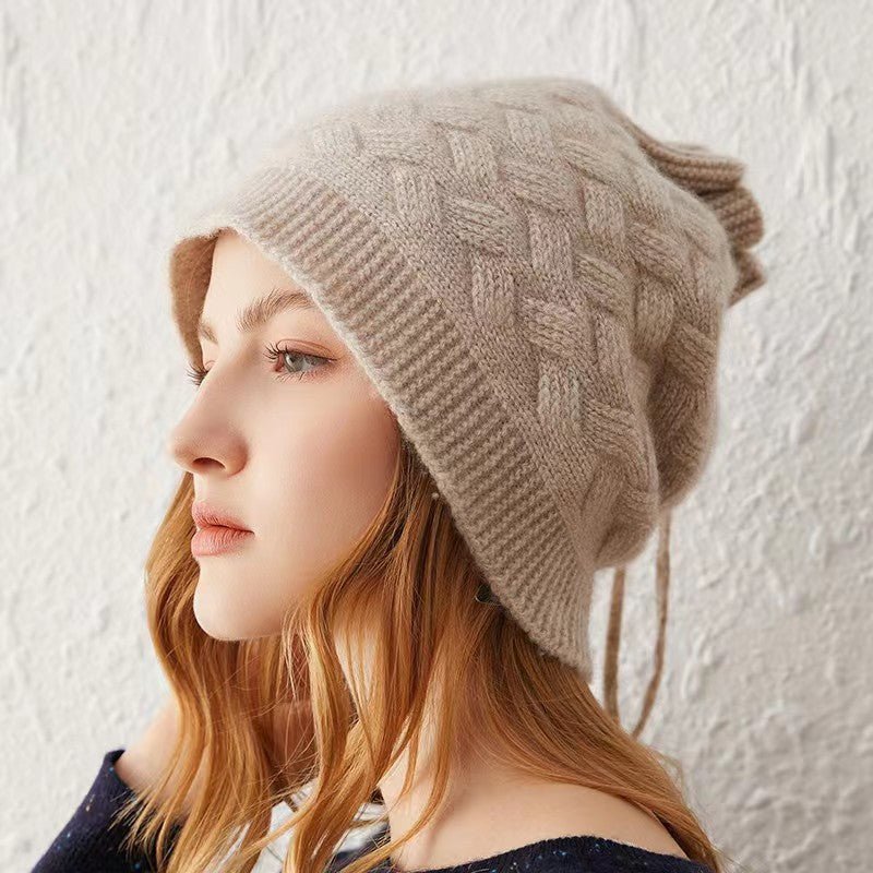 Cashmere Beanie Ribbed Edge with Drawstring Women Thick Cashmere Hats Solid Colors