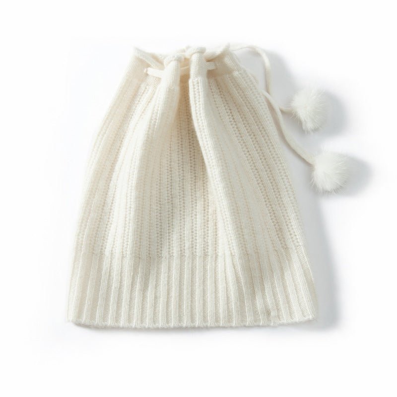 Cashmere Beanie with Fur Pom Thick Cashmere Ribbing Hats with Drawstring for Adult Cashmere Hats