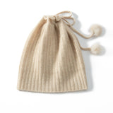 Cashmere Beanie with Fur Pom Thick Cashmere Ribbing Hats with Drawstring for Adult Cashmere Hats