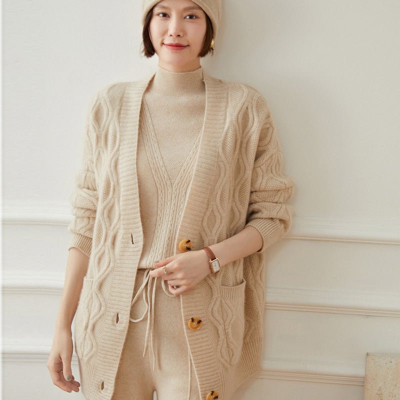 Ladies Cable Knit Cashmere Cardigan Front Pockets V Neck Cashmere Coat