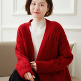 Ladies Cable Knit Cashmere Cardigan Front Pockets V Neck Cashmere Coat