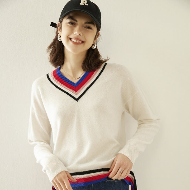 Women Cashmere Sweater V Neck Cashmere Pullover Ribbing Colorful Edge