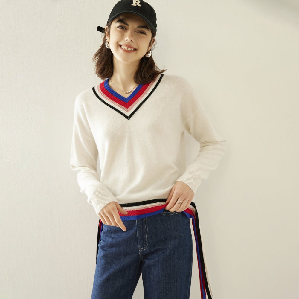 Women Cashmere Sweater V Neck Cashmere Pullover Ribbing Colorful Edge