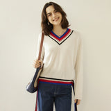 Women Cashmere Sweater V Neck Cashmere Pullover Ribbing Colorful Edge